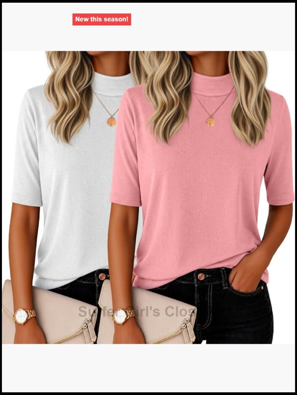 2 Pack Mock Neck Half Sleeve Slim Fit Blouse Stretch Polyester Blend Casual